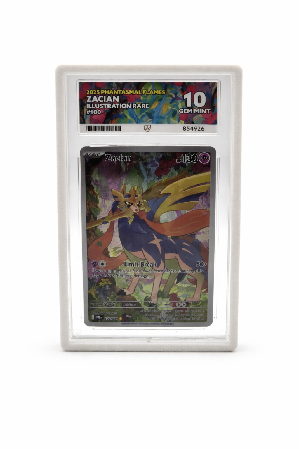 Trading card in a protective frame with a white background
